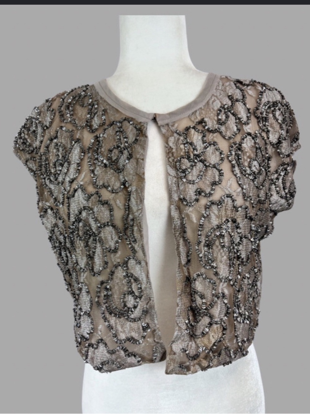 Anthropologie Beaded Taupe Short-Sleeve Shrug Top